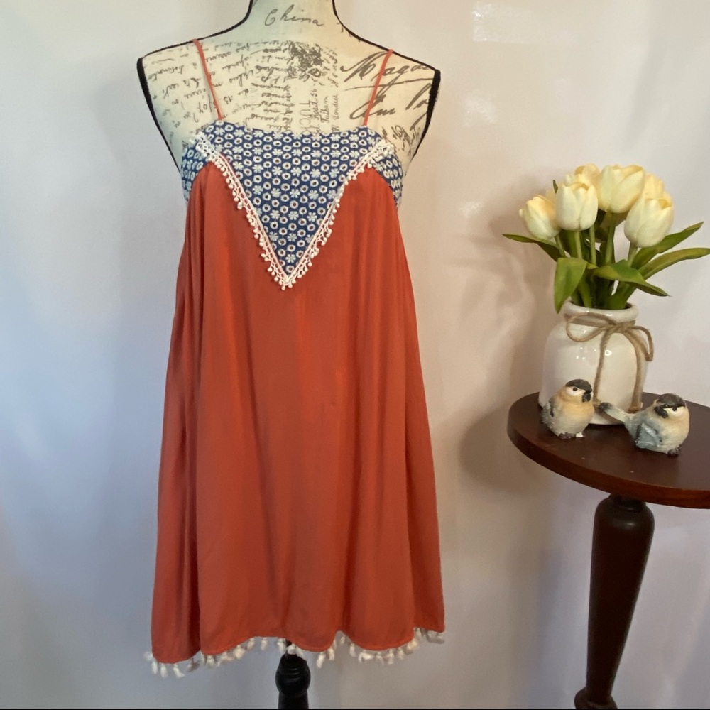 JODIFL Eyelet Baby Doll Dress Peach Blue Low Back Crochet Trim Adjustable Straps - Picture 2 of 9